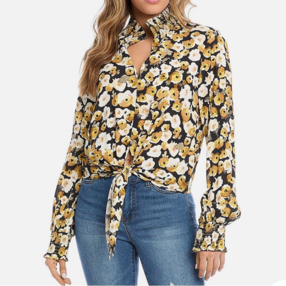Karen Kane Womens Tie Front Floral Smocked Collar Blouse size Medium